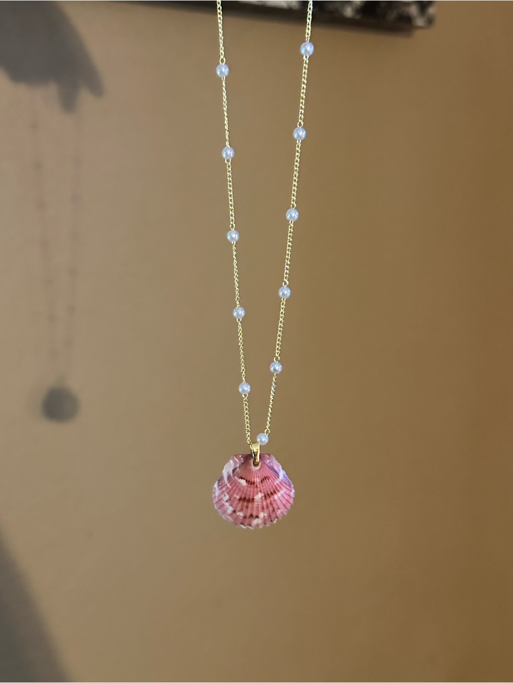 Gold Chain Necklace with Purple and white Shell Pendant and Pearl bead Accents